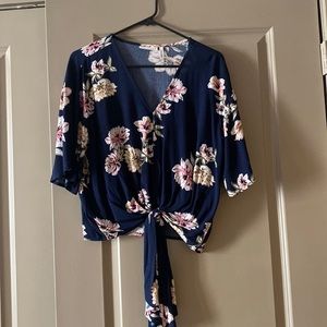 LUQ Navy Floral Blouse with Tie Front